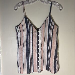 Eclectic Button Front Linen Blend Tank Women's 38 Pink Navy White Stripe NWT